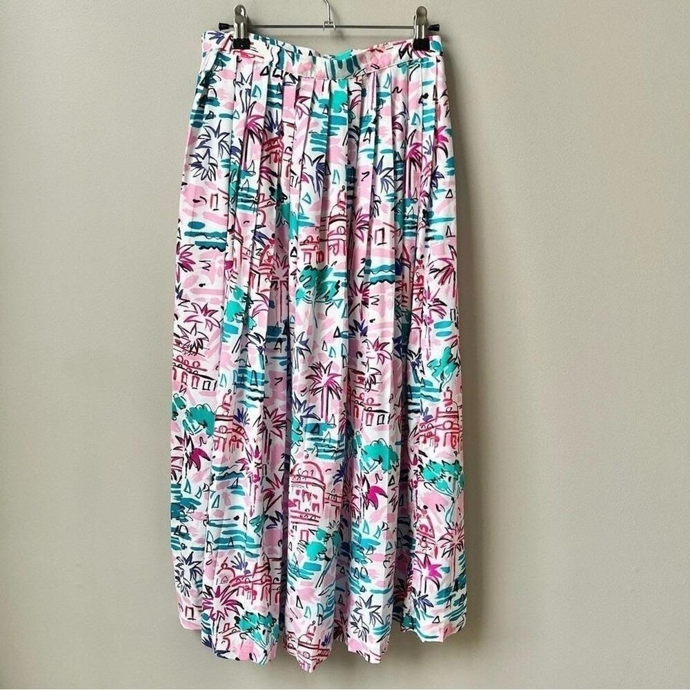 Vintage Skirt Women's XS Tropical Palm Trees Pleated Midi White Pink Kawaii - Picture 2 of 8